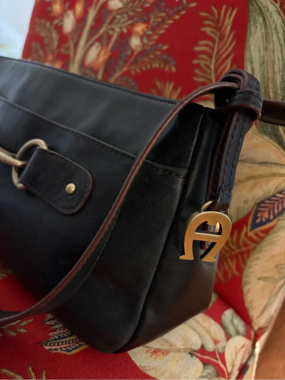 Etienne Aigner Black Leather Messenger Bag with Gold Hardware
